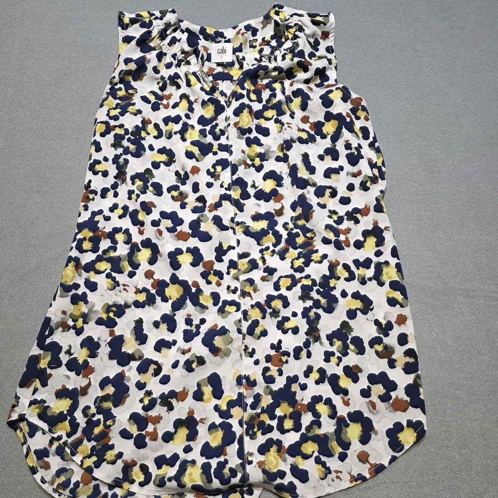 CAbi Chic Women's Sleeveless Blouse - Black, Blue, Yellow Print - Cheetah PTP 19 - Picture 2 of 5